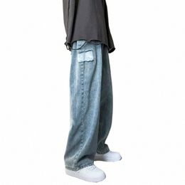 foufurieux Harajuku Baggy Men Jeans Blue High Waist Streetwear Baggy Trousers Women Pants Straight Wide Leg Pants Men Clothing L0nq#