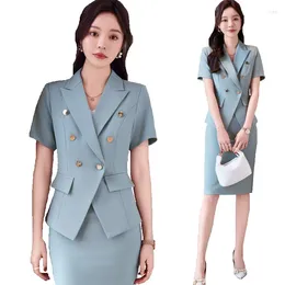 Two Piece Dress Solid Suits For Women 2024 Summer Fashion Office Ladies Short Sleeve Double Breasted Blazer Tops Chic Slim Skirt