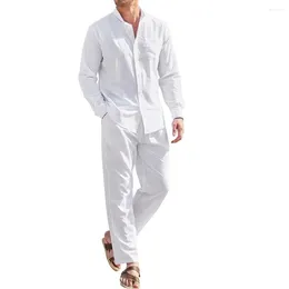 Men's Tracksuits Plus Size Mens Casual Linen Two Piece Sets 2024 Europe Style Vintage Basic Tops And Solid Pants Suit Male Beach Set