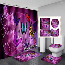 Shower Curtains Purple Flower Butterfly 3D Print Curtain Waterproof Bathroom Anti-slip Bath Mat Set Toilet Rugs X18