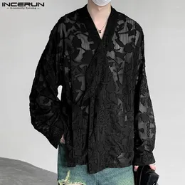 Men's Casual Shirts Stylish Style Tops INCERUN Men Jacquard Perspective Hollow Male Clubwear V-neck Long Sleeved Cardigan Blouse S-5XL