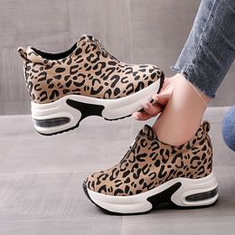 Hidden Heel Casual Platform Shoes Woman Sneakers Suede Slip on Shoes Women Height Increasing Flock Leopard Print Wedges Shoes 240605