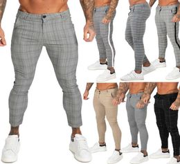 GINGTTO Men Chinos Trousers Skinny Super Stretch Chino Pants Slim Fit Mens Casual Pant Plaid Grey Elastic Waist London Fashion LJ28720041