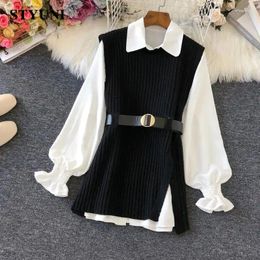 Work Dresses White Flare Sleeve Turn-down Collar Blouses Shirt Knitted Vest Two Piece Set Korean Fashion Female Pullover Chic Suit Tops 2024