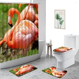 Shower Curtains Flamingo Curtain Tropical Animal Green Plant Flowers Bird Bathroom Decor 4-Piece Non-Slip Carpet Waterproof Bath