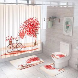 Shower Curtains Valentines Day Curtain Romantic Love Hearts Tree Bike Petals Bathroom Sets Non-Slip Rug Toilet Lid Cover Bath Mat