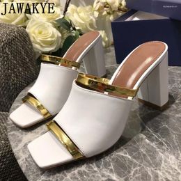 Slippers Square Open Toe Block Heel Mules Women Summer Gold Black Strappy Sandals Real Leather Dress 2024 Shoes