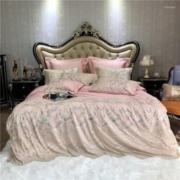 Bedding Sets Luxury Pink White Grey 1000TC Egyptian Cotton Romantic Lace Embroidery Duvet Cover Bed Linen Fitted Sheet Pillowcase Set