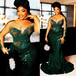 2024 Plus Size Hunter Green Prom Dress Evening Dresses Elegant Mermaid Illusion Long Sleeves Sheer Neck Beaded Lace Crystals Second Reception Gala Gowns AM1100