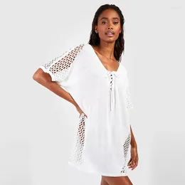 White Pareo Beach Wear V-neck Crochet Swimsuit Cover Up 2024 Trend Tunic Solid Cover-ups Sundress Sexy Knit Dress Short Swimwear