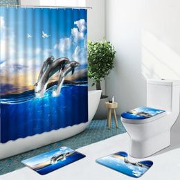 Shower Curtains Ocean Animals Dolphin Curtain Anti-Slip Rugs Toilet Cover Bathroom Set Bath Mat Carpet Indoor Decor 3D Printed