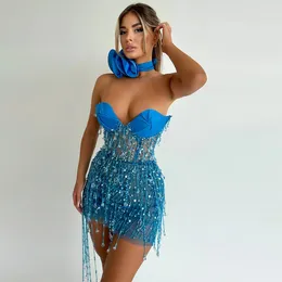 Casual Dresses Luxury Flower Choker Dress Blue Sequins Strapless Tube Top Fringe Chain Diamond Tassel Mini Clubwear