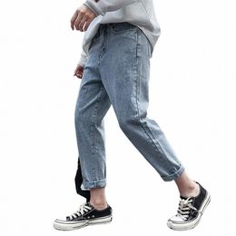 2022 Autumn New Streetwear Baggy Jeans Men Korean Fi slim fit Straight Wide Leg Pants Male Brand Clothing Black Light Blue P010#