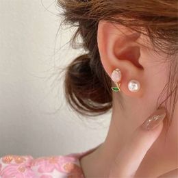 Light Luxury Pink Tulip Flower Pearl Stud Earrings For Women Korean Zircon Exquisite Earring Party Christmas Jewelry Gift rrr