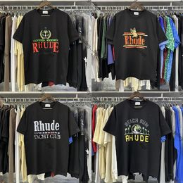 American trendy brand Rhude T shirt Men Couple style Vintage Letter logo print pattern t shirt cotton casual Loose Oversized Hip Hop Short Sleeve Tee Top US Size S-XL A03