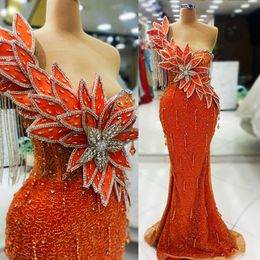 2024 Orange Prom Dress Evening Dresses Elegant One Shoulder Promdress Beaded Lace Rhinestones Decorated Leaf Birthday Dress Second Reception Gowns AM1079