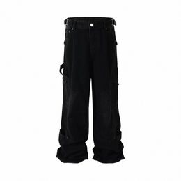 high Street Multi-pocket Wed Black Cargo Pants for Men Wide Leg Baggy Casual Jeans Oversized Baggy Denim Trousers L1YA#