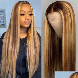 Synthetic Wigs High Quality 42Inches Brazilian Hair Hd Lace Bown Mixed Blonde Wig 13X4 Frontal Long Straight Highlights Front For Dr Dh6Rl
