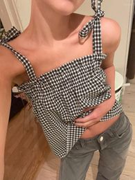 Women's T Shirts Women Cute Tie Front Plaid Crop Tank Tops Square Neck Sleeveless Gingham Camisole Summer Backless Cropped Vest