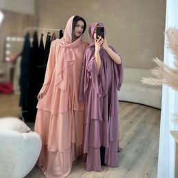 Ethnic Clothing Abaya For Eid 2024 Treble Layered Chiffon Kimono Muslim Islamic Outfits Women Evening Party Ramadan Dubai (No Scarf)