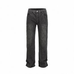 irregular Iines Pockets Wed Black Baggy Jeans for Men Straight Vintage Casual Streetwear Loose Denim Trousers Oversize Cargos K9St#