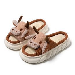 2024 New Indoor Cotton and Linen Slippers Cute Cartoon Small Cow Linen Slippers Non-Slip