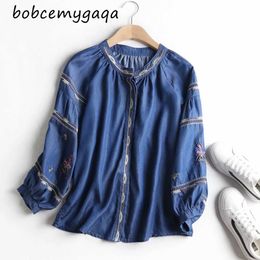 Women's Blouses Shirts long lantern sleeves denim shirt blouse women embroidery soft jeans shirt blue tops cute cotton blusas mujer young style blouse S2460655