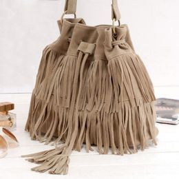 New Fashion 2017 Suede Drawstring Bucket Bag Women Handbag Faux Fringe Tassel Shoulder Crossbody Messenger Bag Boho Style 3 colors 256r