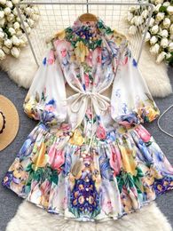 Casual Dresses Royal Style Printed Party Gown For Women Spring Long Sleeve Slim Waist Short Dress Lady Fashion Beach Holiday Sundress