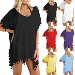 Women's Swimwear Women Chiffon Tassels Beach Wear Cover Up Loose Bathing Suits Top Summer Mini Dress Solid Color Pareo Ups