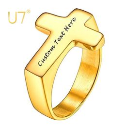 U7 Men Rings Statement Signet Cross Band Ring Gold Colour Solid Polished Biker Rings Custom Message Text 240530