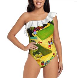 Women's Swimwear Haiti : Vintage Travel And Tourism Advertising Poster One Shoulder Ruffle Swimsuit One-Piece Beach Bathing Suit Print Sexy