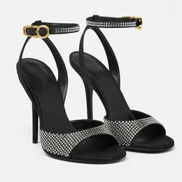 Sandals Woman Stiletto High Heel Crystal Buckle Ankle Strap Lady Peep Toe Summer Black Party Sandal Shoes
