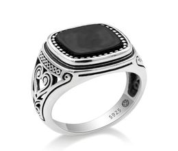 925 Sterling Silver Men Ring with Suqare Natural Black Stone Carved Design Thai Silver Ring for Women Men Turkish Jewelry4493035