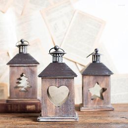 Candle Holders Dark Wood Tree Heart Star Wooden Lantern With Black Iron Cap Home Garden Decor Tabletop Hanging Square Small