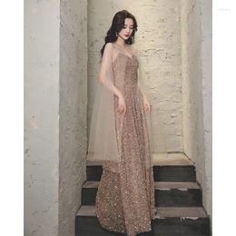 Party Dresses Champagne Gold Sequin Suspender Evening Women V-Neck A-line Homecoming Dress Exquisite Elegant Host Banquet Gown