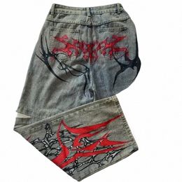 streetwear Hip hop Vintage Pattern Hole Baggy Jeans Women's Y2K New Harajuku Punk Rock High Waist Wide Leg Pants Wide Trousers X8n6#
