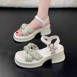 Dress Shoes 2024 Summer High-heeled Women Sandals Bowknot Bead Non-slip Square Heel Casual Simple Outdoor PU Chunky Heels Peep-toe