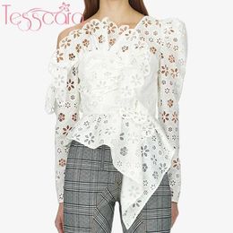 Women's Blouses Shirts TESSCARA Women Runway Luxury Embroidery Blouse Shirt High Quality Designer White Cotton Lace Top Long Sleeve Party Shirts S2460655