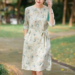 Casual Dresses Elegant Fashion For Women Formal Occasions 2024 Summer Real Silk Women's Floral Print Dress Medium Length Slim