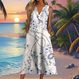 Basic Casual Dresses 2024 Summer New Foreign Trade Independent Station Fashion Pocket V-neck Stripe Slveless Casual Dress Y240605Q3DP