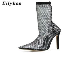 Eilyken New Design Crystal Rhinestone Mesh Stretch Fabric Sock Boots Fashion PVC Transparent Pointed Toe Shoes Sexy High 2673645