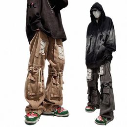 reddachic Torn Drawstring Men Cargo Pants Big Pockets Ripped Holes Frayed Baggy Jeans Hiphop Wide Leg Pants Plus Size Work Wear S0eG#