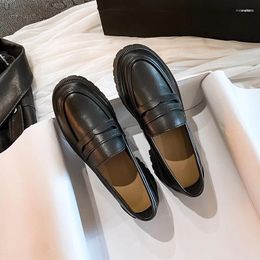 Casual Shoes Black Leather Flats For Women Thick Bottoms Platform Slip On Penny Moccasins Jk Lolita Girls Round Toe Plus Size 43