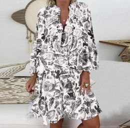 Casual Dresses Ruffles Loose VNeck Dress Women Summer Long Sleeve Floral Print Woman 2021 Fashion White Beach8157988