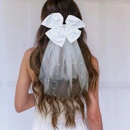 Bridal Veils White Wedding Veil Shoulder Length Bow Knot Hairgrips Pearl Women Hair Accessories