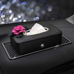 Car Tissue Box Crystal Car Tissue Box Camellia Flower PU Leather Auto Tissue Bag Seat Back Headrest Hanging Holder Case For Car Accessories T240606