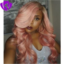 Free part pink ombre synthetic lace front wigs with bangs peach pink water wave full wig heat resistant Fibre hair with baby hair Isets