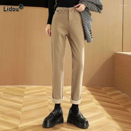 Women's Jeans Casual 95% Cotton Solid Color Button Women Autumn Winter Regular/Plush And Thicken All-match Pockets Warm Straight Pants