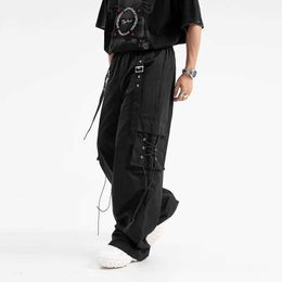 Men's Pants Retro American Ribbon Decorative Product Pants for Mens Y2K Street Punk Style Multi Pocket Design Casual PantsL2405